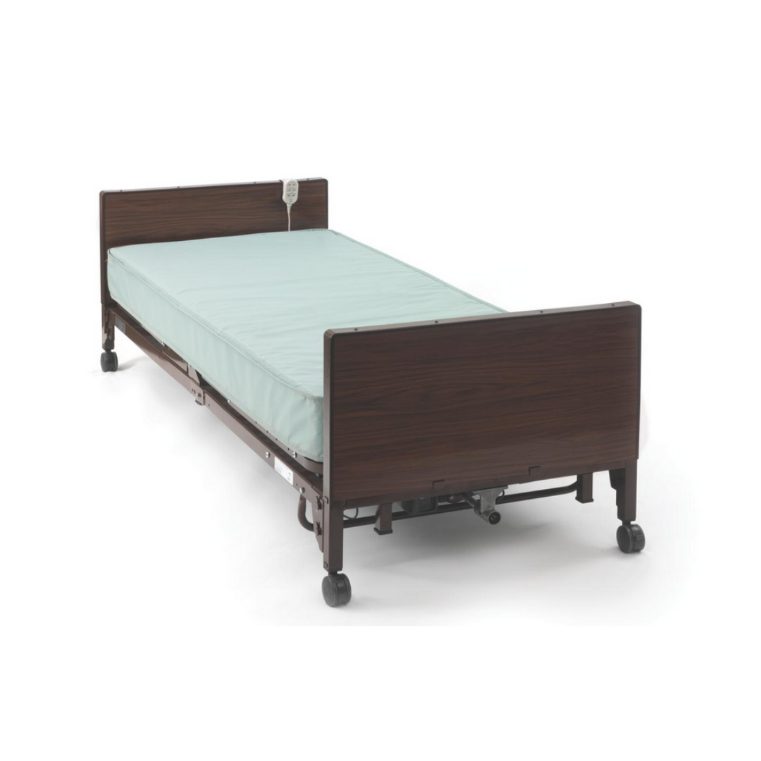 The Medline MedLite Semi-Electric Homecare Bed features a lightweight frame, light blue mattress, dark wood headboard and footboard, casters for mobility, and a wired remote control attached to the headboard, shown on a plain white background.